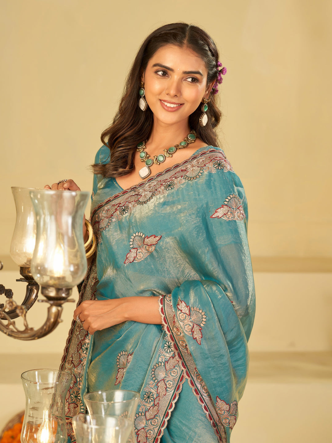 Sky Blue Designer Fendy Satin Saree with Floral Embroidered Border & Elegant Thread Work | Premium Festive Party Wear Saree