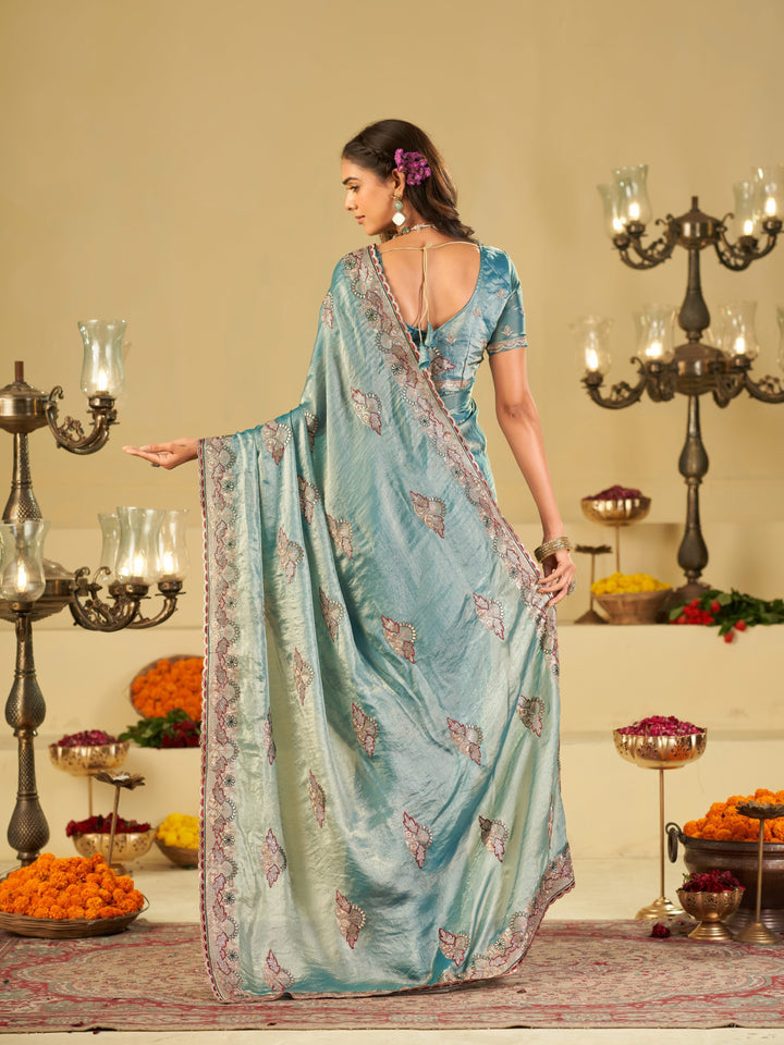 Sky Blue Designer Fendy Satin Saree with Floral Embroidered Border & Elegant Thread Work | Premium Festive Party Wear Saree
