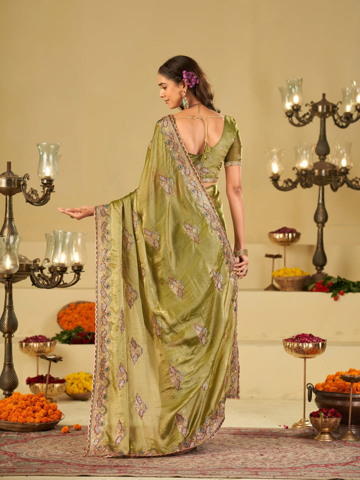 Olive Green Designer Fendy Satin Saree with Floral Embroidered Border & Elegant Thread Work | Premium Festive Party Wear Saree