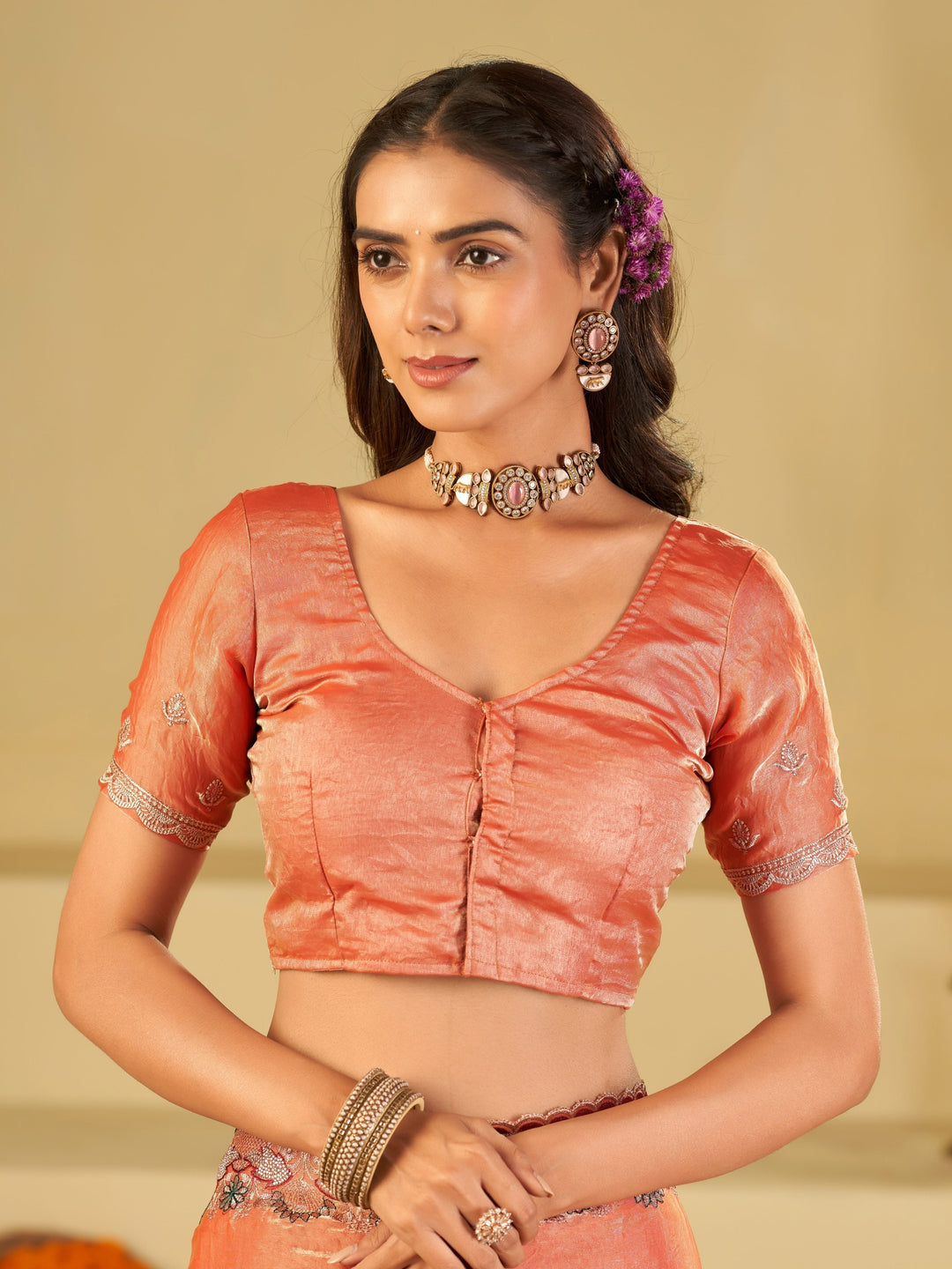Peach Designer Fendy Satin Saree with Floral Embroidered Border & Elegant Thread Work | Premium Festive Party Wear Saree