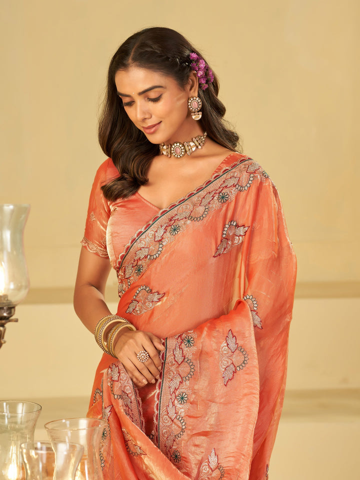 Peach Designer Fendy Satin Saree with Floral Embroidered Border & Elegant Thread Work | Premium Festive Party Wear Saree
