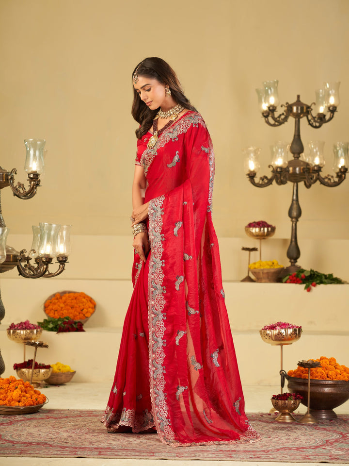 Rani Pink Designer Fendy Satin Saree with Peacock Embroidery & Heavy Embroidered Border | Premium Festive Wedding Wear Saree
