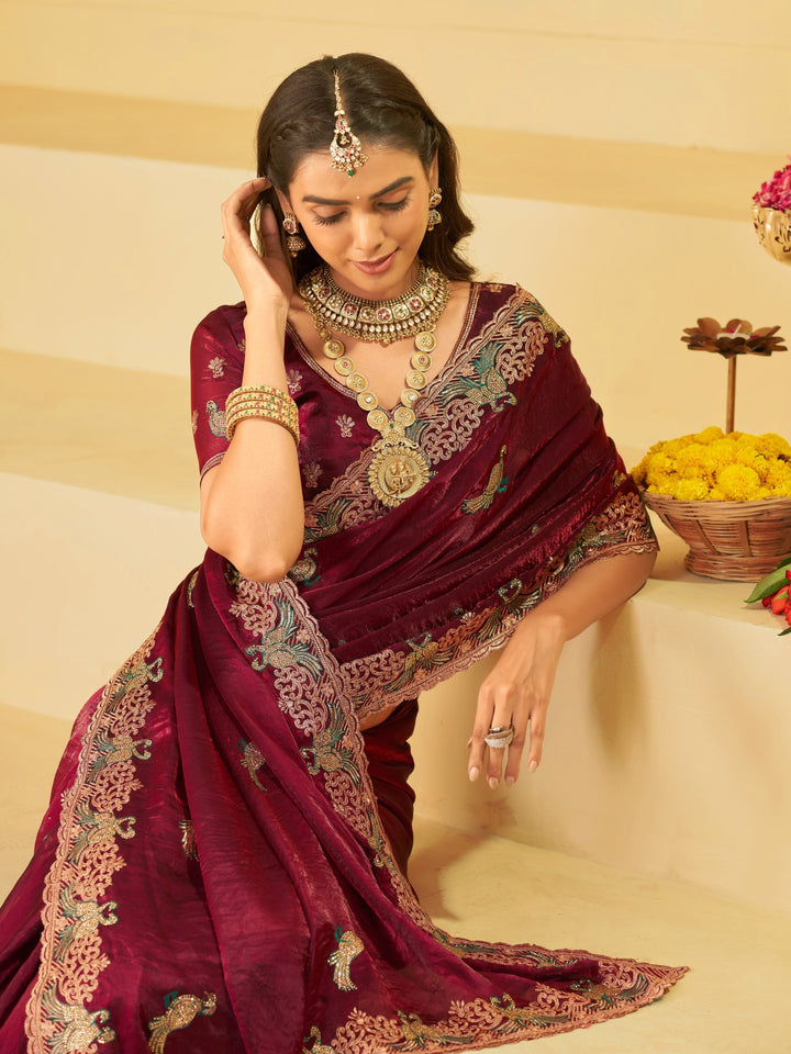 Maroon Designer Fendy Satin Saree with Peacock Embroidery & Heavy Embroidered Border | Premium Festive Wedding Wear Saree