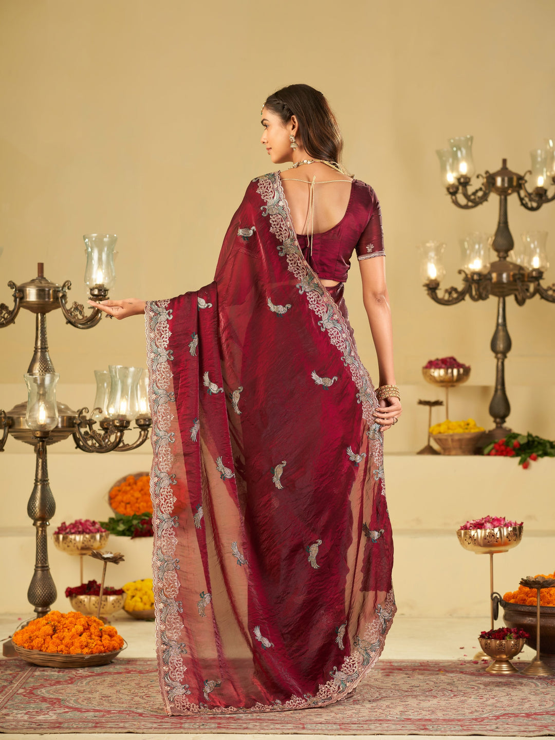 Maroon Designer Fendy Satin Saree with Peacock Embroidery & Heavy Embroidered Border | Premium Festive Wedding Wear Saree