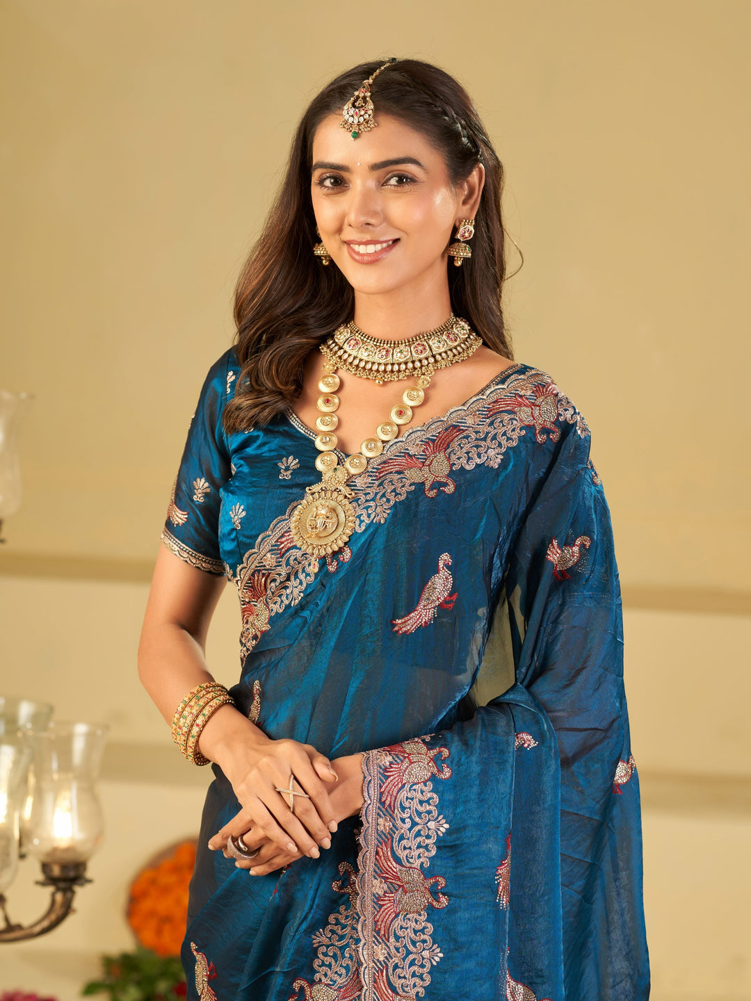 Royal Blue Designer Fendy Satin Saree with Peacock Embroidery & Heavy Embroidered Border | Premium Festive Wedding Wear Saree