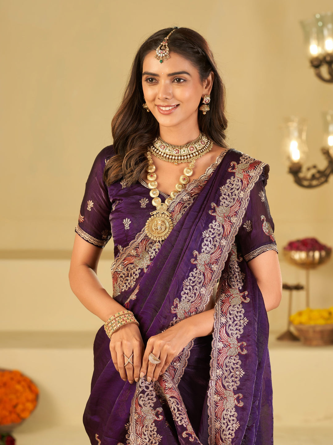 Royal Purple Designer Fendy Satin Saree with Peacock Embroidery & Heavy Embroidered Border | Premium Wedding Party Wear Saree