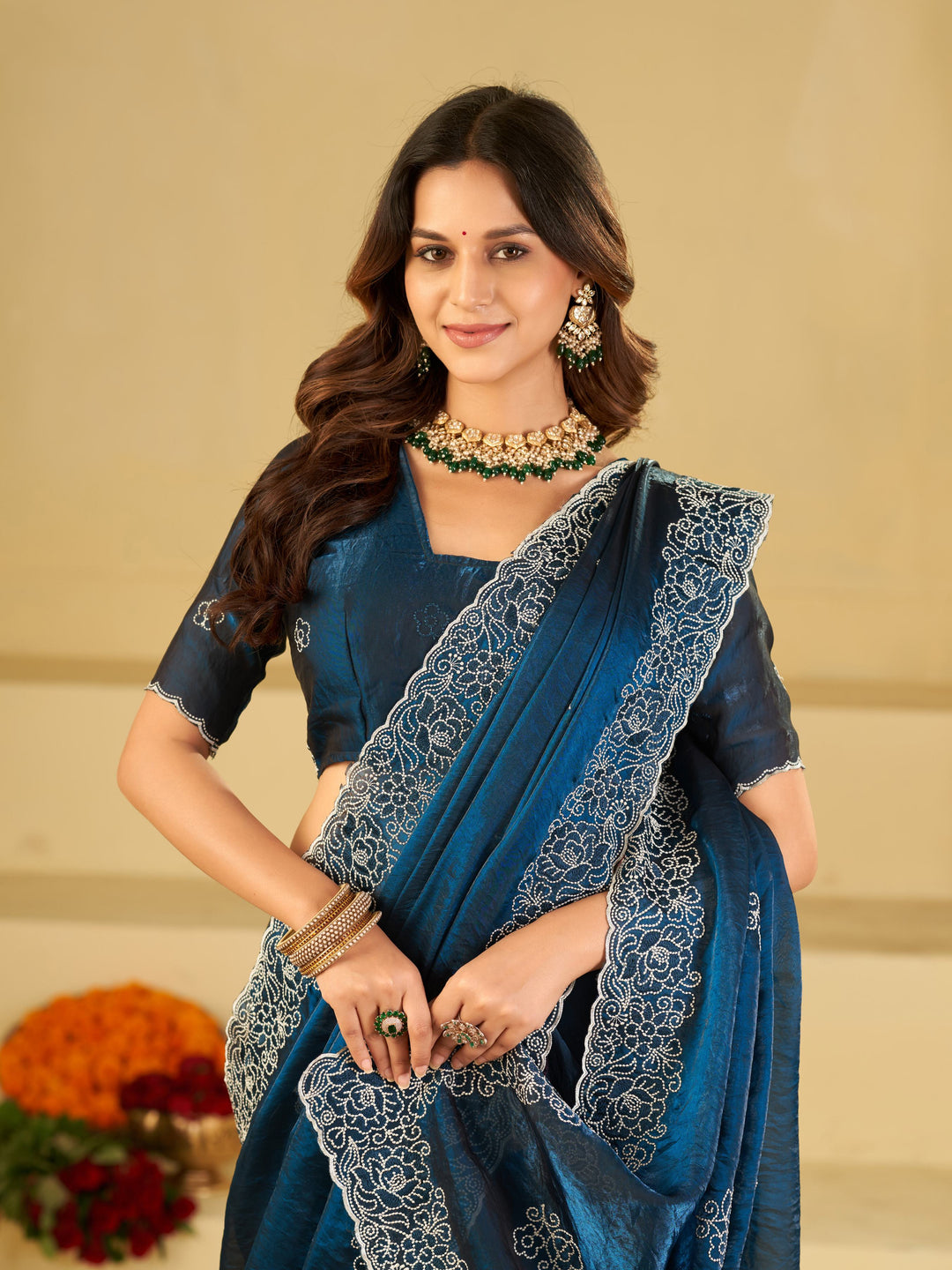 Royal Blue Fendy Satin Saree with White Floral Embroidery Border | Designer Party Wear Saree with Embroidered Blouse