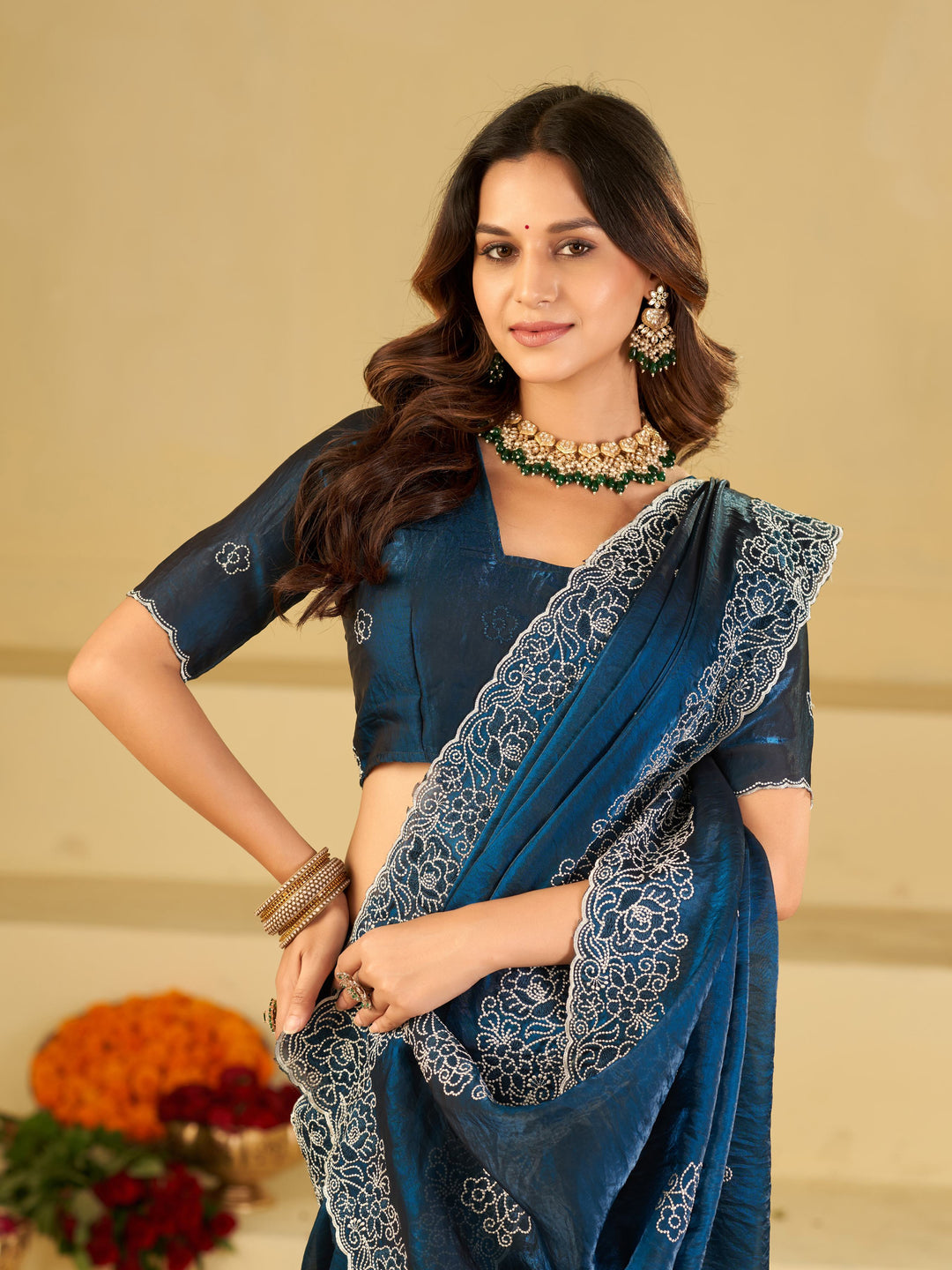 Royal Blue Fendy Satin Saree with White Floral Embroidery Border | Designer Party Wear Saree with Embroidered Blouse