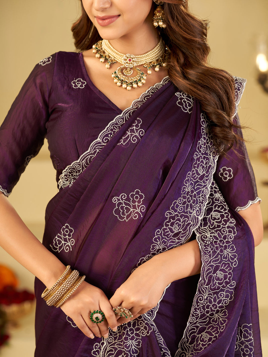 Royal Purple Fendy Satin Saree with White Floral Embroidery Border | Elegant Designer Party Wear Saree with Blouse