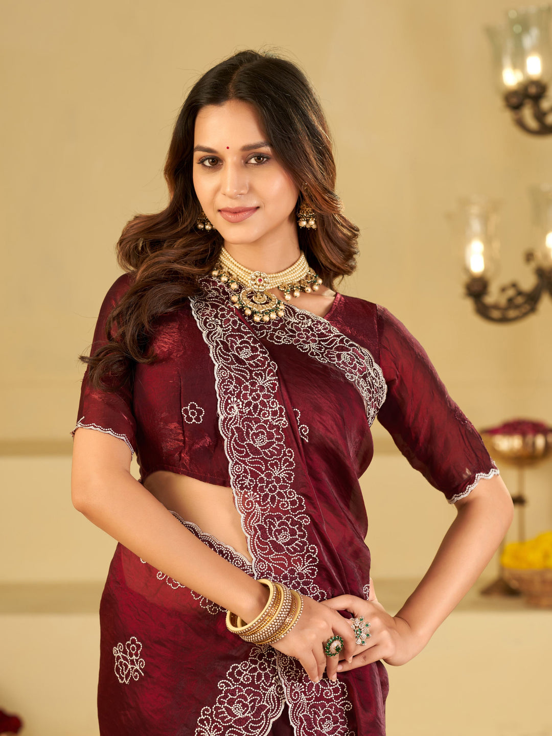 Wine Red Fendy Satin Saree with White Floral Embroidery Border | Designer Festive Wear Saree with Embroidered Blouse