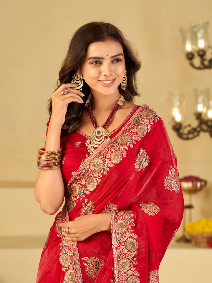 Rani Pink Designer Fendy Satin Saree with Heavy Embroidery Work | Premium Wedding Party Wear Saree with Embroidered Border & Blouse