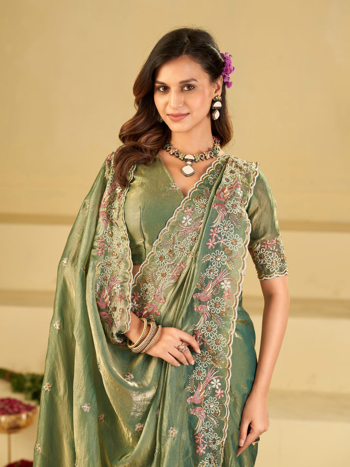 Sage Green Fendy Satin Saree with Floral Embroidery Border | Designer Party Wear Embroidered Saree with Blouse