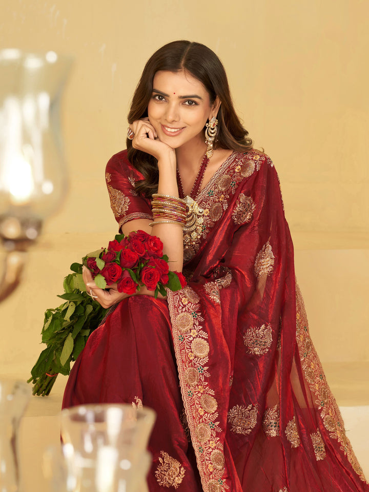 Wine Red Designer Fendy Satin Saree with Heavy Floral Embroidery Work | Premium Wedding & Festive Wear Embroidered Saree with Blouse