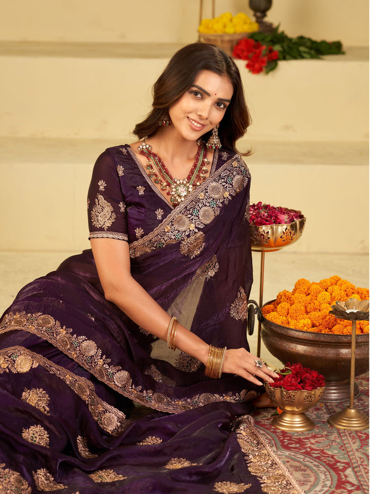 Royal Purple Designer Fendy Satin Saree with Heavy Floral Embroidery Work | Premium Wedding & Party Wear Embroidered Saree with Blouse