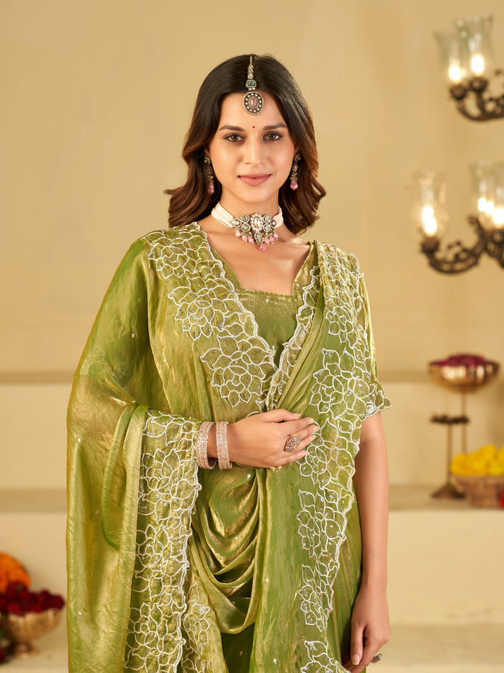 Pista Green Fendy Satin Saree with White Floral Embroidery Border | Elegant Designer Festive Wear Saree with Blouse