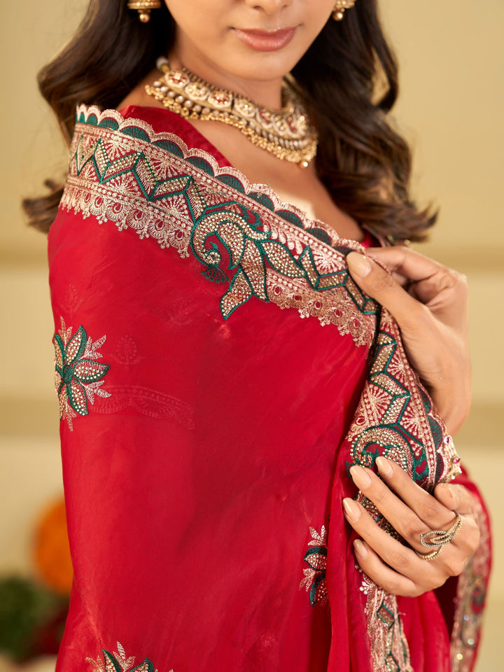 Rani Pink Designer Fendy Satin Saree with Heavy Embroidered Border | Festive Party Wear Saree with Floral Embroidery & Matching Blouse