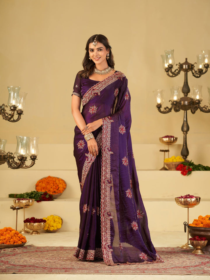 Royal Purple Designer Fendy Satin Saree with Floral Embroidery Work | Premium Wedding Party Wear Saree with Heavy Embroidered Border & Blouse