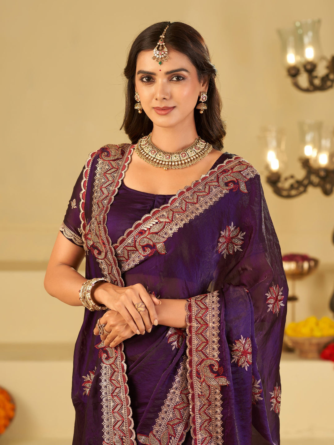 Royal Purple Designer Fendy Satin Saree with Floral Embroidery Work | Premium Wedding Party Wear Saree with Heavy Embroidered Border & Blouse