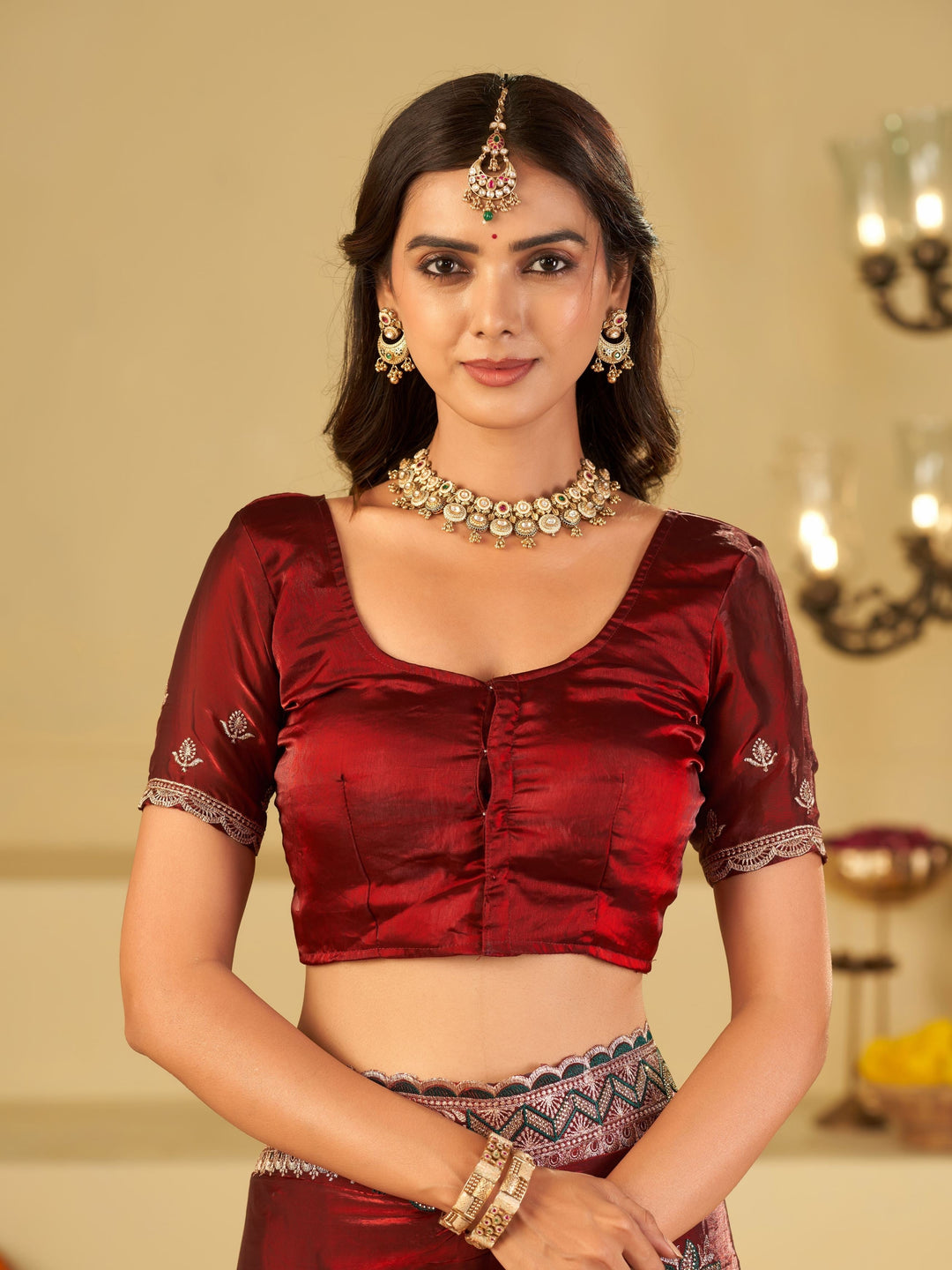 Ruby Red Designer Fendy Satin Saree with Floral Embroidery Work | Premium Wedding Party Wear Saree with Heavy Embroidered Border & Blouse