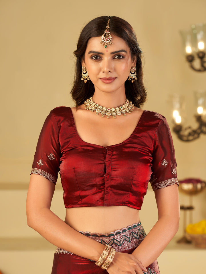 Ruby Red Designer Fendy Satin Saree with Floral Embroidery Work | Premium Wedding Party Wear Saree with Heavy Embroidered Border & Blouse