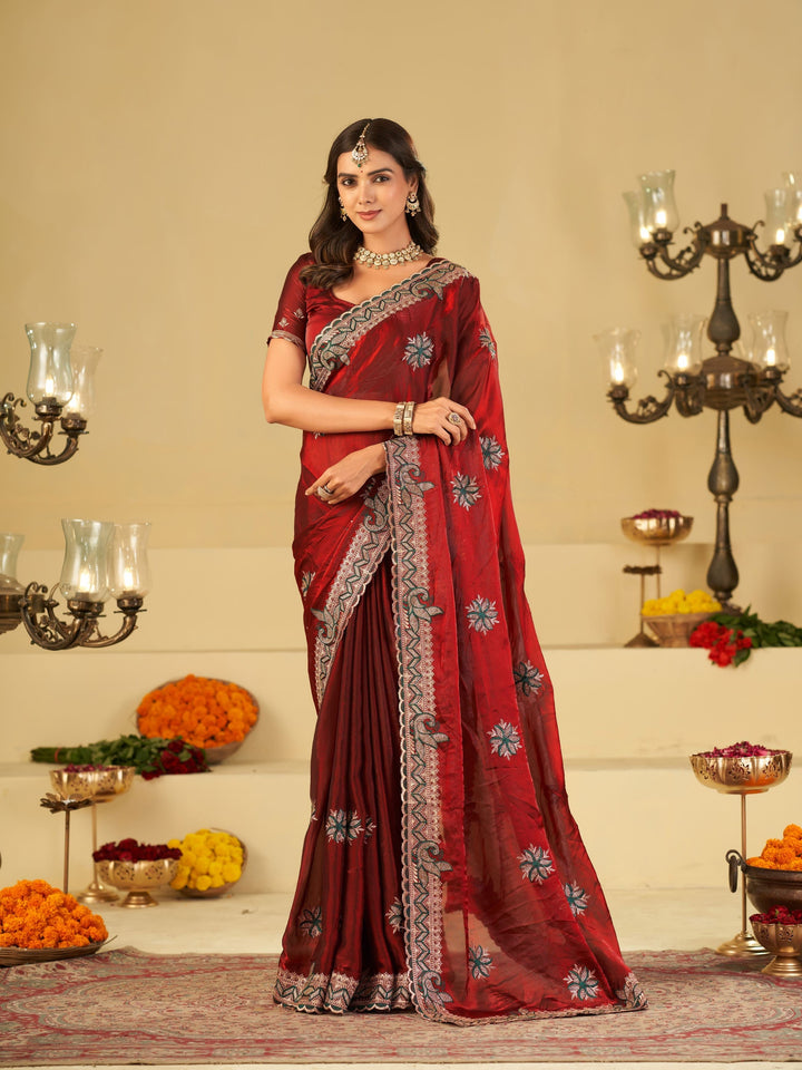 Ruby Red Designer Fendy Satin Saree with Floral Embroidery Work | Premium Wedding Party Wear Saree with Heavy Embroidered Border & Blouse