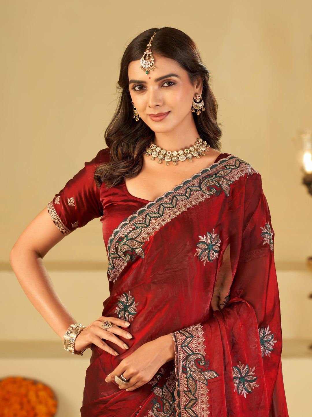 Ruby Red Designer Fendy Satin Saree with Floral Embroidery Work | Premium Wedding Party Wear Saree with Heavy Embroidered Border & Blouse