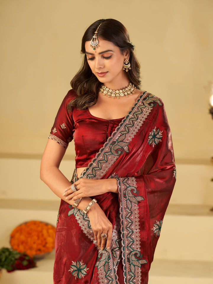 Ruby Red Designer Fendy Satin Saree with Floral Embroidery Work | Premium Wedding Party Wear Saree with Heavy Embroidered Border & Blouse