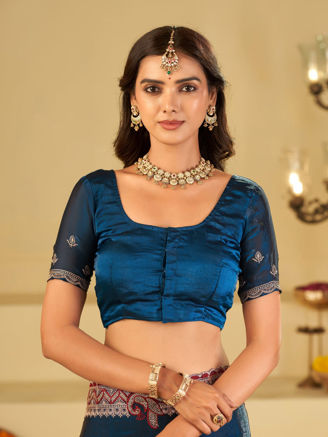 Royal Blue Designer Fendy Satin Saree with Floral Embroidery Work | Premium Party Wear Saree with Heavy Embroidered Border & Blouse