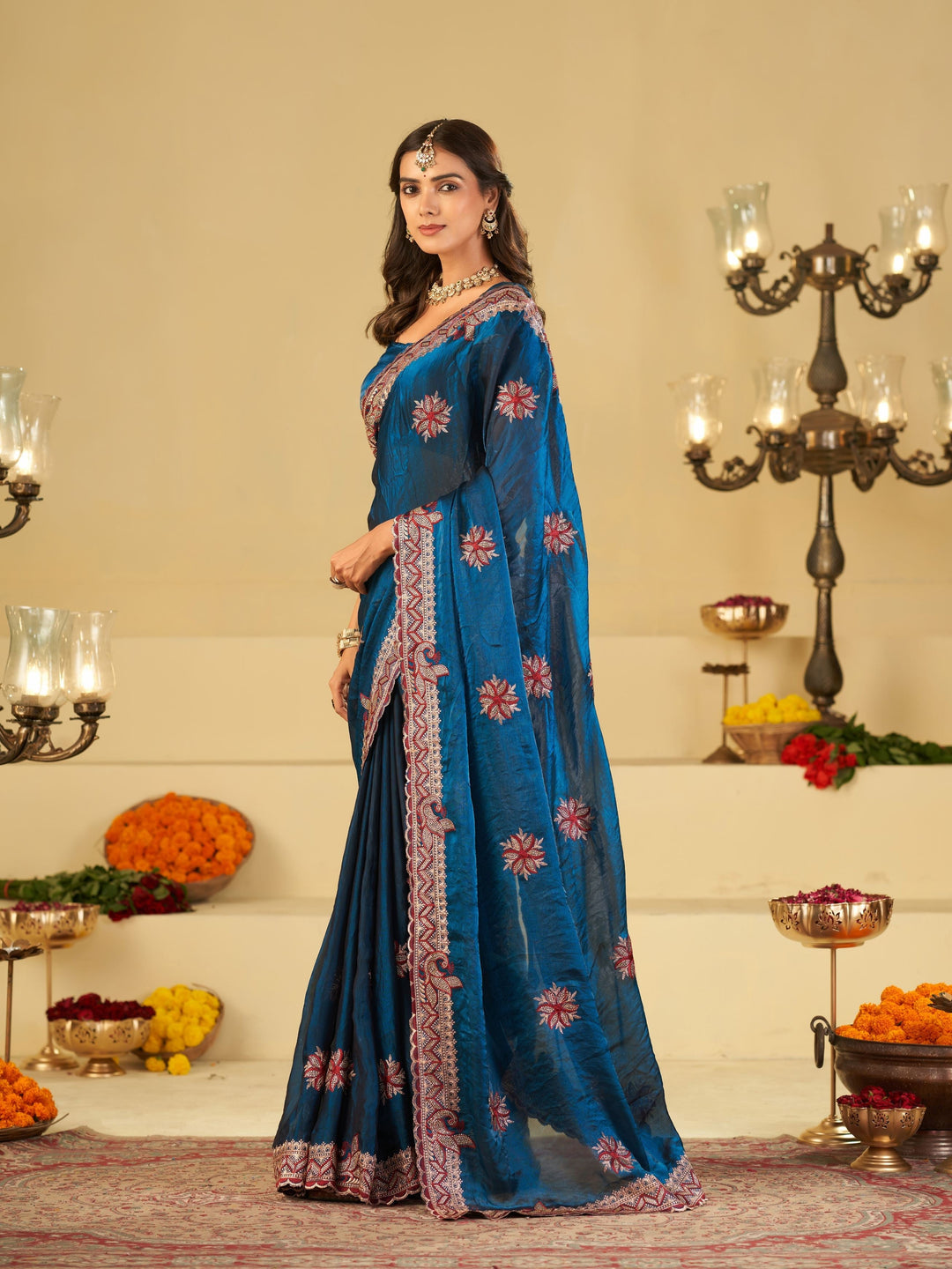 Royal Blue Designer Fendy Satin Saree with Floral Embroidery Work | Premium Party Wear Saree with Heavy Embroidered Border & Blouse