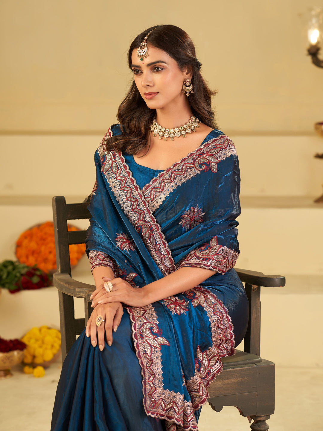 Royal Blue Designer Fendy Satin Saree with Floral Embroidery Work | Premium Party Wear Saree with Heavy Embroidered Border & Blouse