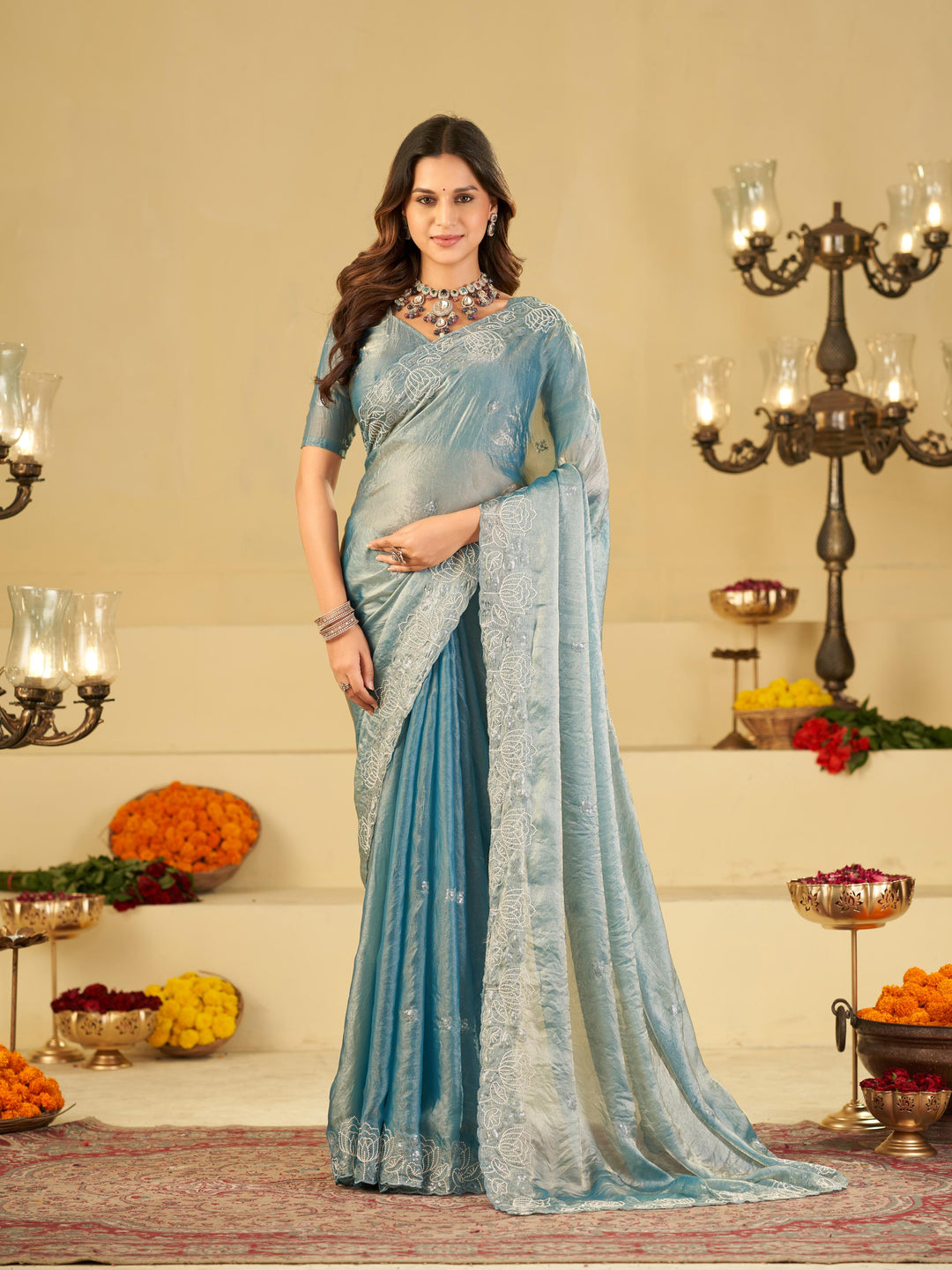 Sky Blue Fendy Satin Saree with White Floral Embroidery Border | Elegant Designer Party Wear Saree with Blouse