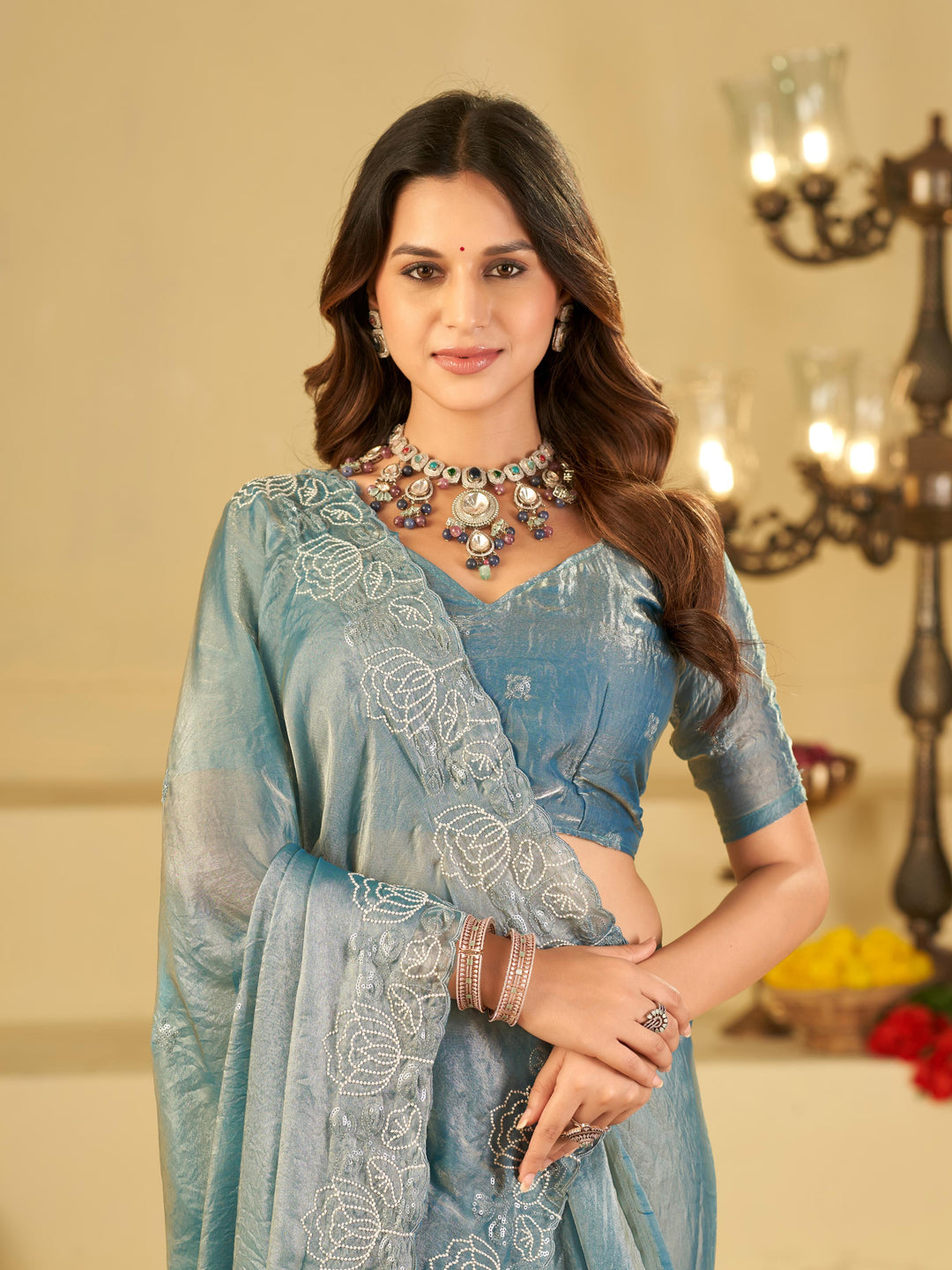 Sky Blue Fendy Satin Saree with White Floral Embroidery Border | Elegant Designer Party Wear Saree with Blouse