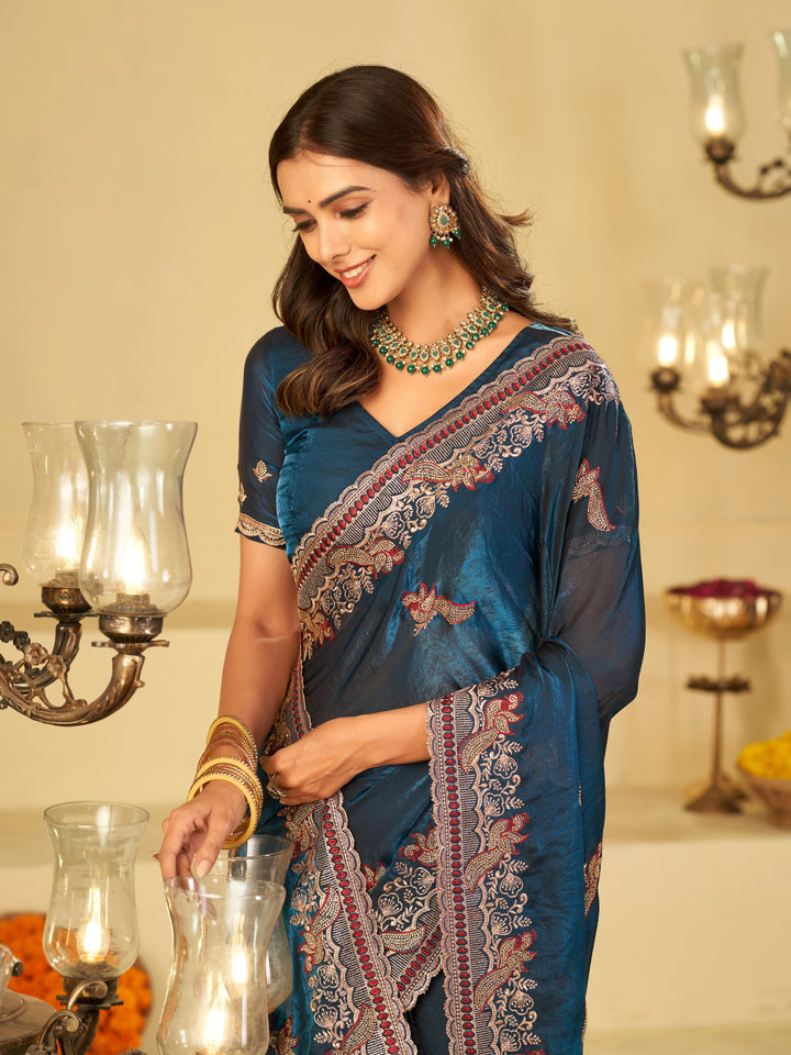 Royal Blue Designer Fendy Satin Saree with Heavy Embroidered Border | Premium Festive Party Wear Saree with Intricate Embroidery & Matching Blouse