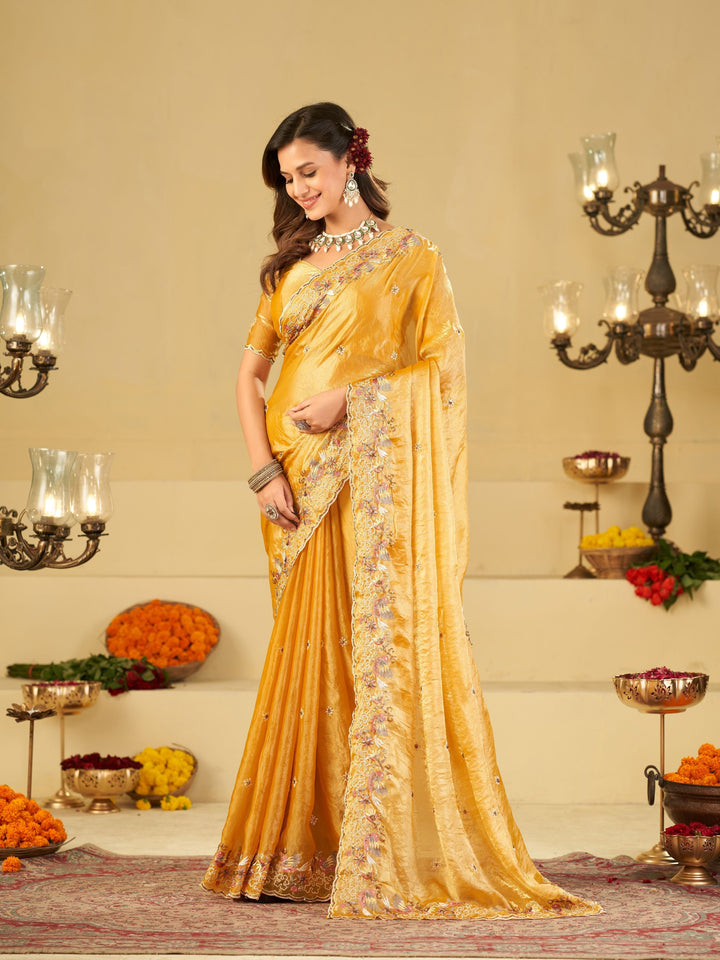 Mustard Yellow Fendy Satin Saree with Multicolor Floral Embroidery Border | Elegant Designer Party Wear Saree with Blouse