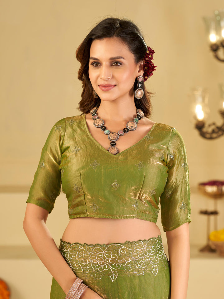 Pista Green Fendy Satin Saree with White Floral Embroidery Border | Elegant Designer Party Wear Saree with Blouse