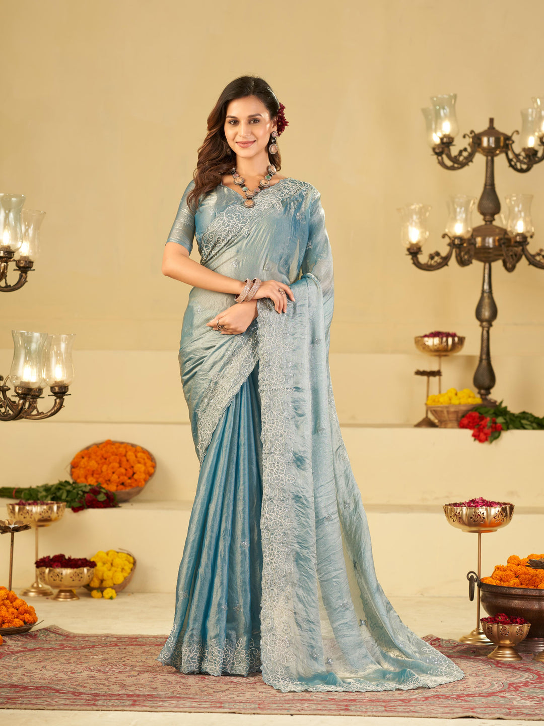 Powder Blue Fendy Satin Saree with White Floral Embroidery Border | Elegant Designer Party Wear Saree with Blouse