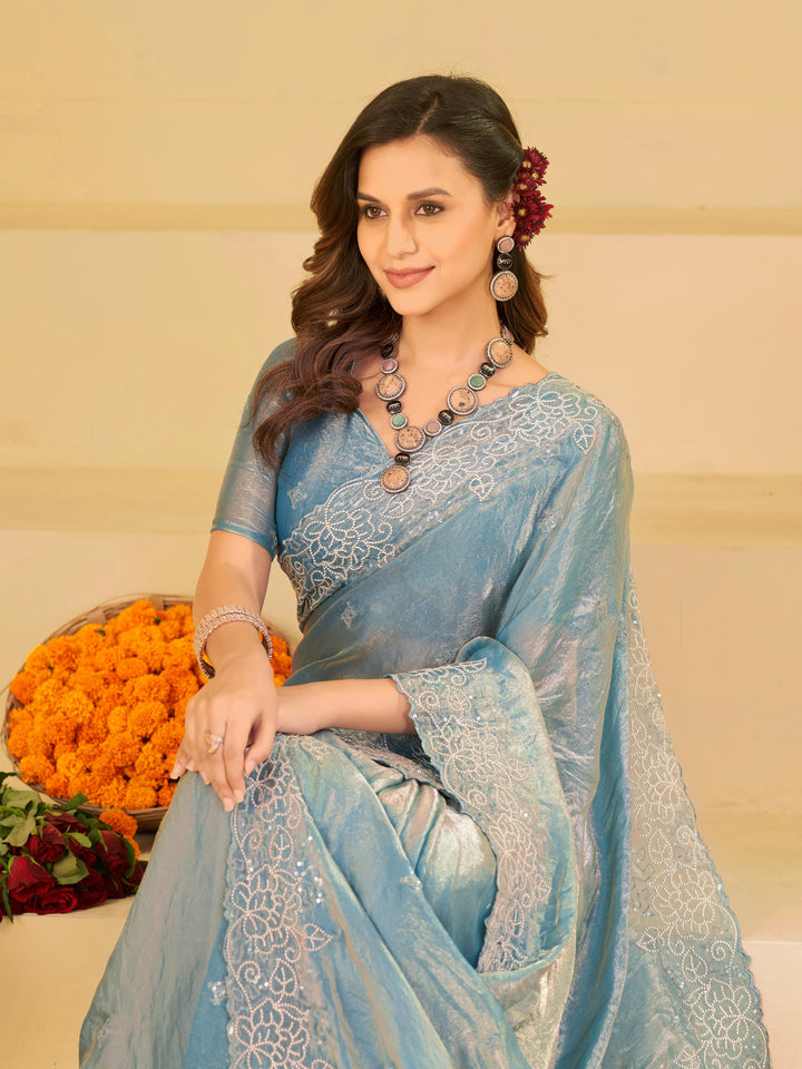 Powder Blue Fendy Satin Saree with White Floral Embroidery Border | Elegant Designer Party Wear Saree with Blouse