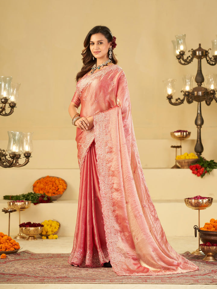 Baby Pink Fendy Satin Saree with White Floral Embroidery Border | Elegant Designer Party Wear Saree with Blouse