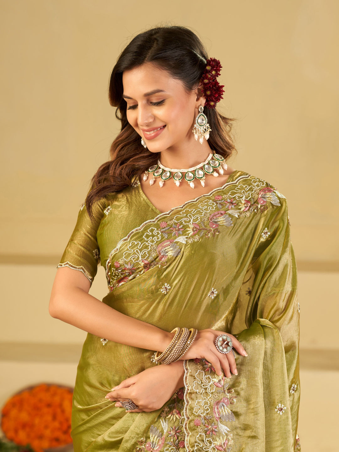 Olive Green Fendy Satin Saree with Multicolor Floral Embroidery Border | Designer Festive Party Wear Saree with Blouse