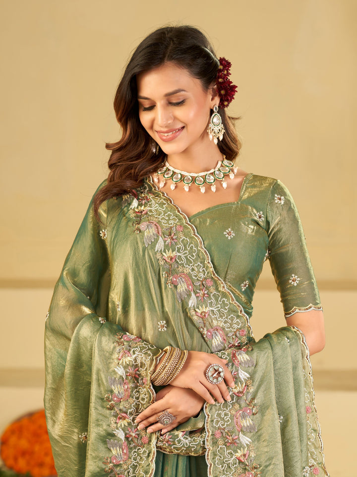 Sage Green Fendy Satin Saree with Multicolor Floral Embroidery Border | Elegant Designer Party Wear Saree with Blouse