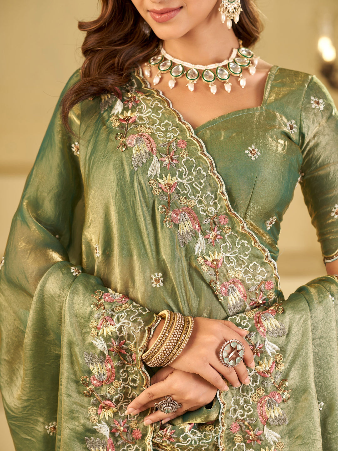 Sage Green Fendy Satin Saree with Multicolor Floral Embroidery Border | Elegant Designer Party Wear Saree with Blouse