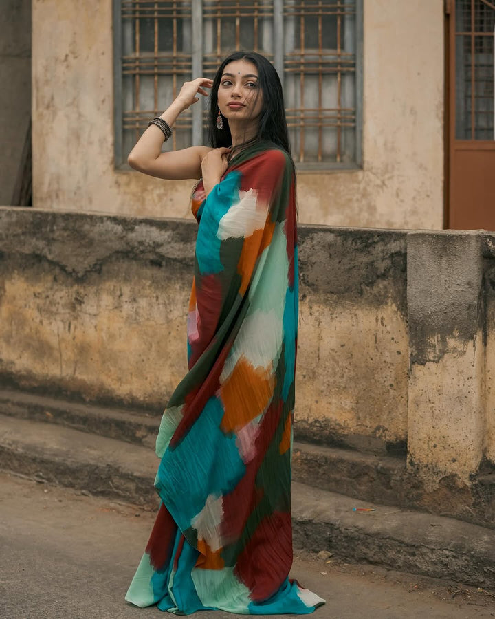Boho Abstract Multicolor Georgette Saree with Artistic Brushstroke Print & Blouse Fabric