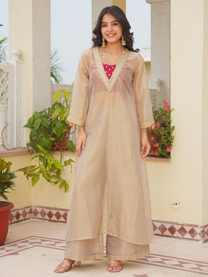Golden Tissue 3-Piece Kurta Set with Lace Work
