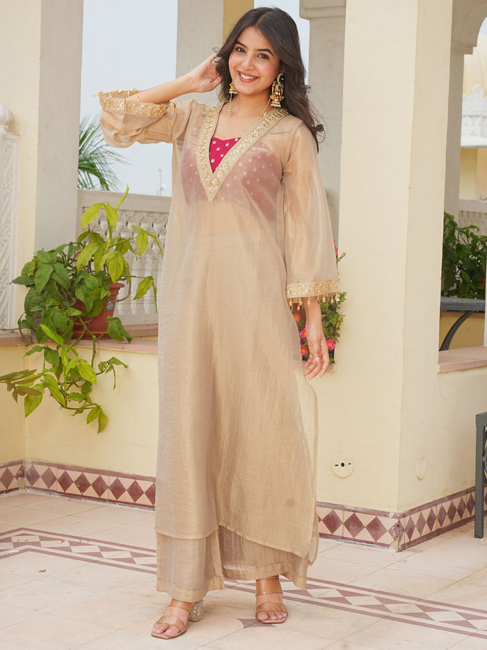 Golden Tissue 3-Piece Kurta Set with Lace Work