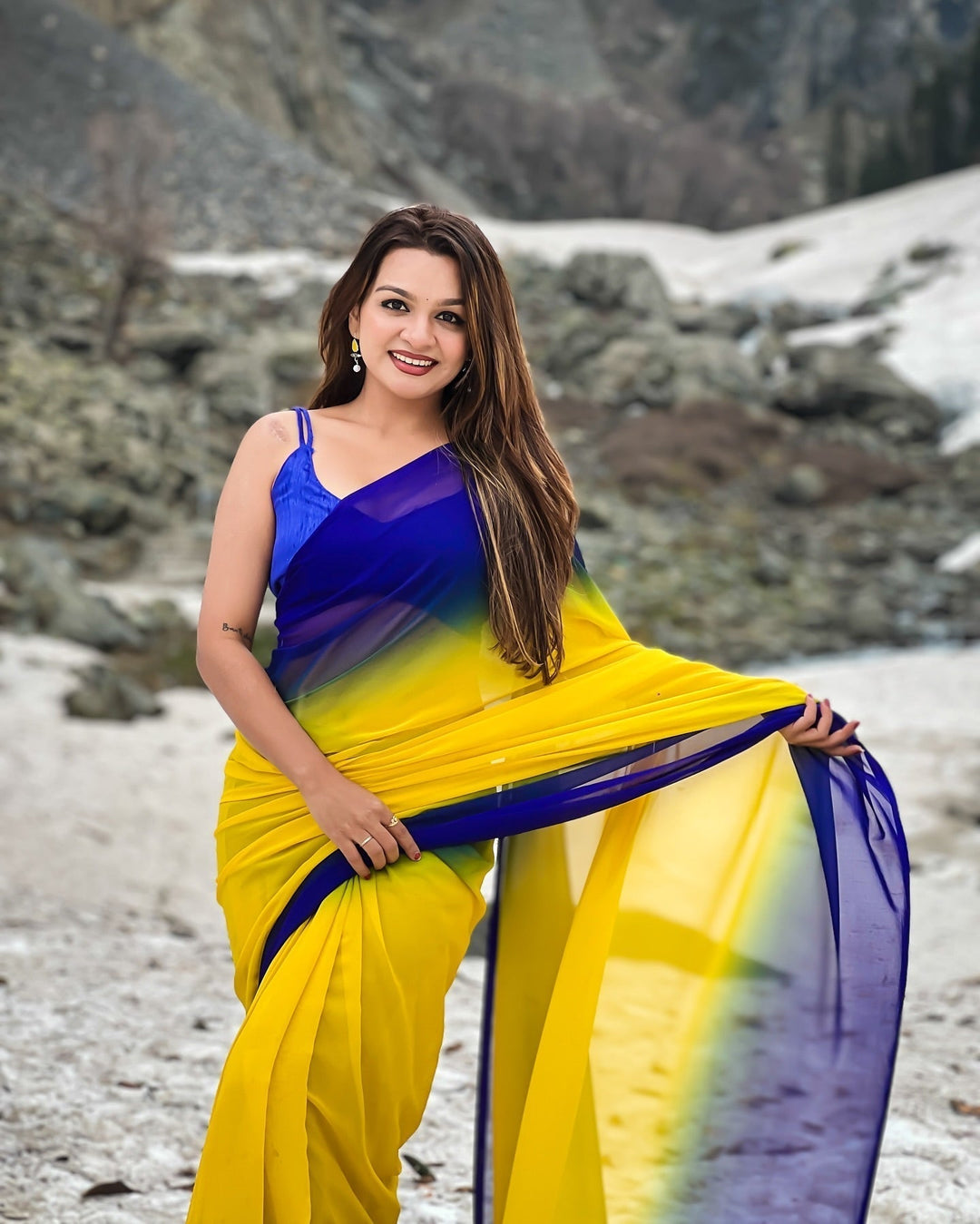 Dual-Tone Yellow Blue Georgette Printed Saree for Daily & Festive Look