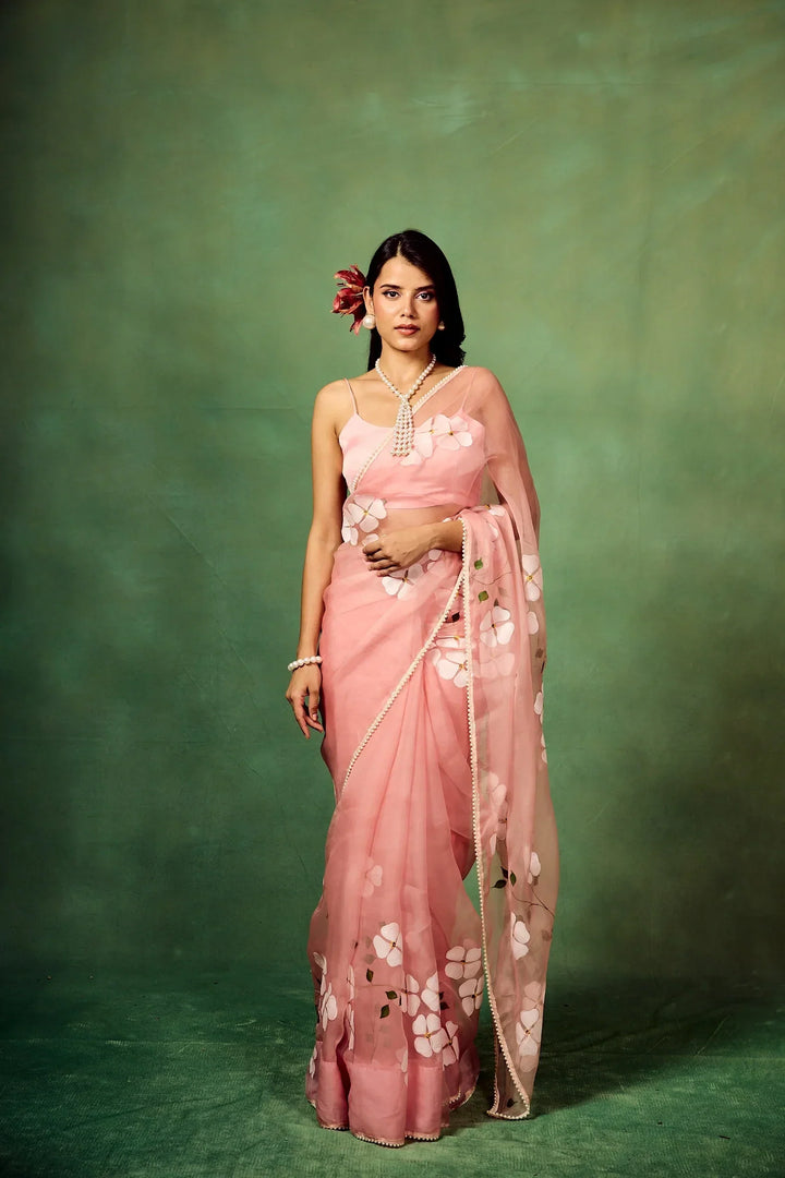 Blush Pink Pure Organza Saree with Hand-Painted White Floral Motifs & Sequin Accents | Satin Blouse