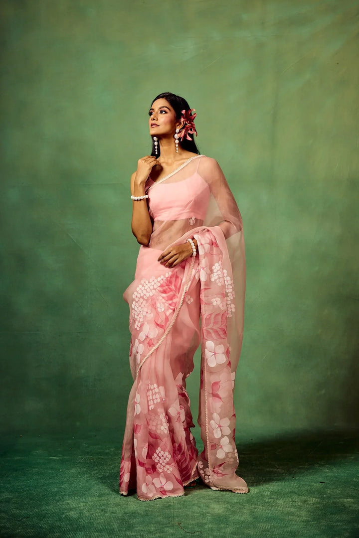 Rose Pink Pure Organza Saree with Hand-Painted Multi-Floral Motifs & Sequin Highlights | Satin Blouse