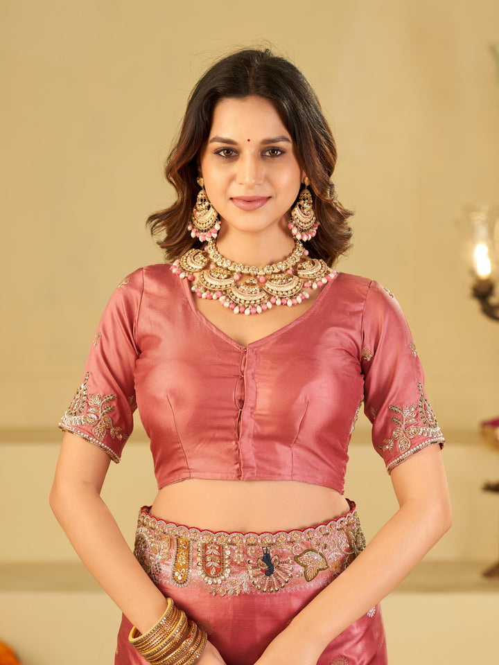 Rose Pink Banarasi Silk Saree with Floral Embroidered Border & Rich Zari Woven Pallu | Designer Wedding Festive Saree