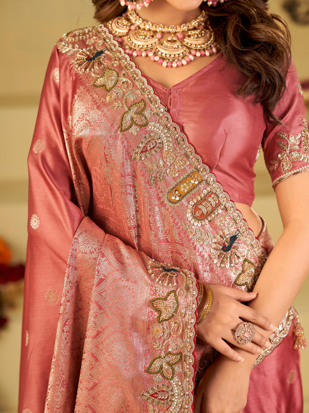 Rose Pink Banarasi Silk Saree with Floral Embroidered Border & Rich Zari Woven Pallu | Designer Wedding Festive Saree