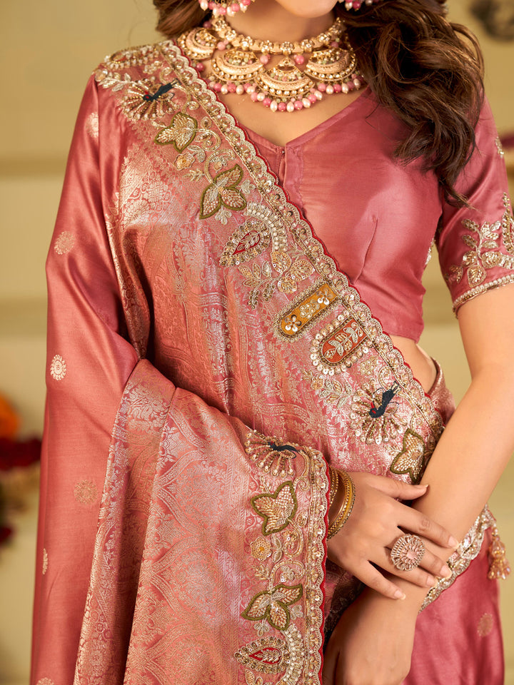 Rose Pink Banarasi Silk Saree with Floral Embroidered Border & Rich Zari Woven Pallu | Designer Wedding Festive Saree